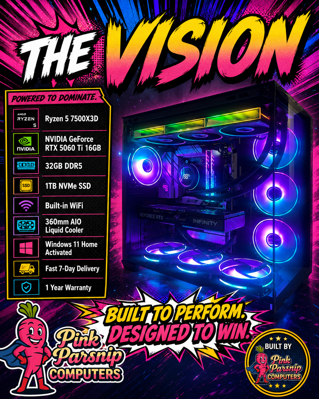 The Vision Ryzen 5 7500X3D • RTX 5060 Ti 16GB • 32GB DDR5 • 1TB NVMe | Fortnite & GTA | Streaming Ready