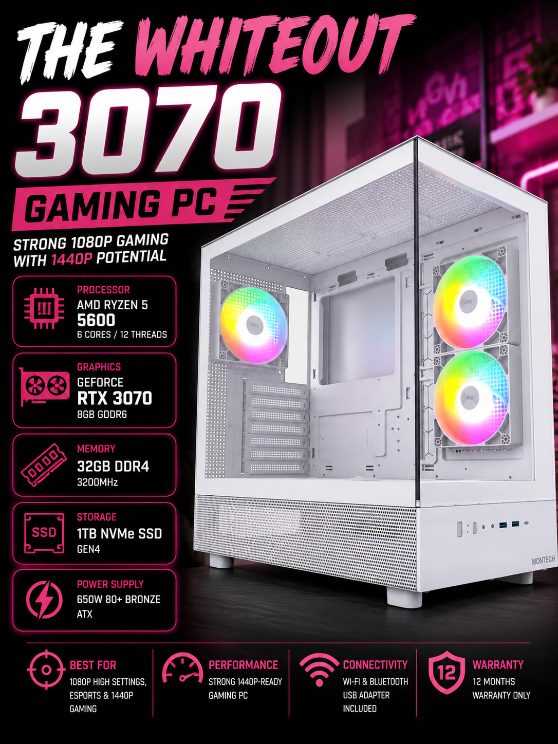 The Whiteout 3070 Ryzen 5 5600 RTX 3070 8GB 32GB RAM 1TB SSD White RGB Gaming PC | White Build | DDR4 | Streaming Ready