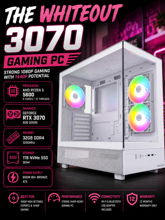The Whiteout 3070 Ryzen 5 5600 RTX 3070 8GB 32GB RAM 1TB SSD White RGB Gaming PC | White Build | DDR4 | Streaming Ready