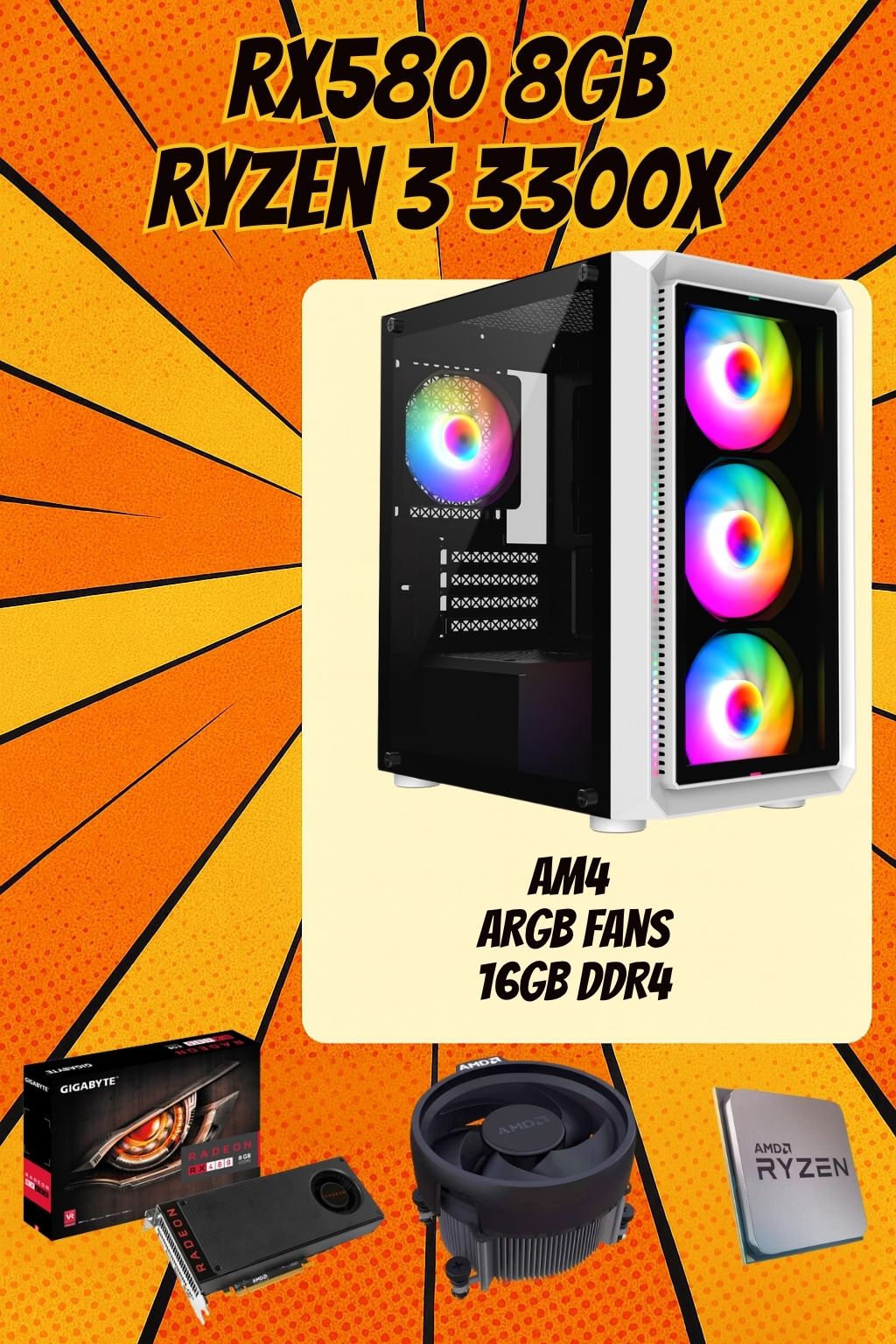THE GOOSE — Ryzen 3 3300X | RX 580 8GB | 16GB RAM | 500GB NVMe | Windows 11 | 1080p Gaming | DDR4