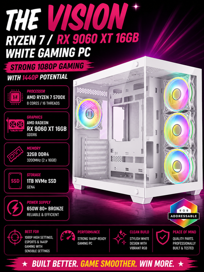 The Vision – Ryzen 7 / RX 9060 XT 16GB White Gaming PC | Fortnite & GTA | White Build | DDR4
