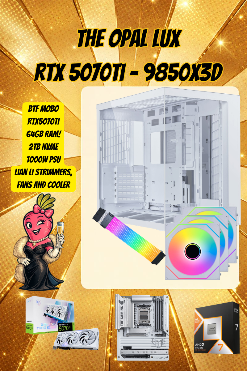 The Opal Luxe | Ryzen 7 9850X3D | RTX 5070 Ti 16GB | 64GB DDR5 | 2TB Gen5 NVMe | White Lian Li LCD Showcase Gaming PC