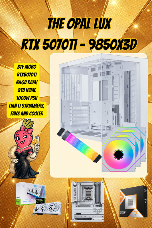 The Opal Luxe | Ryzen 7 9850X3D | RTX 5070 Ti 16GB | 64GB DDR5 | 2TB Gen5 NVMe | White Lian Li LCD Showcase Gaming PC