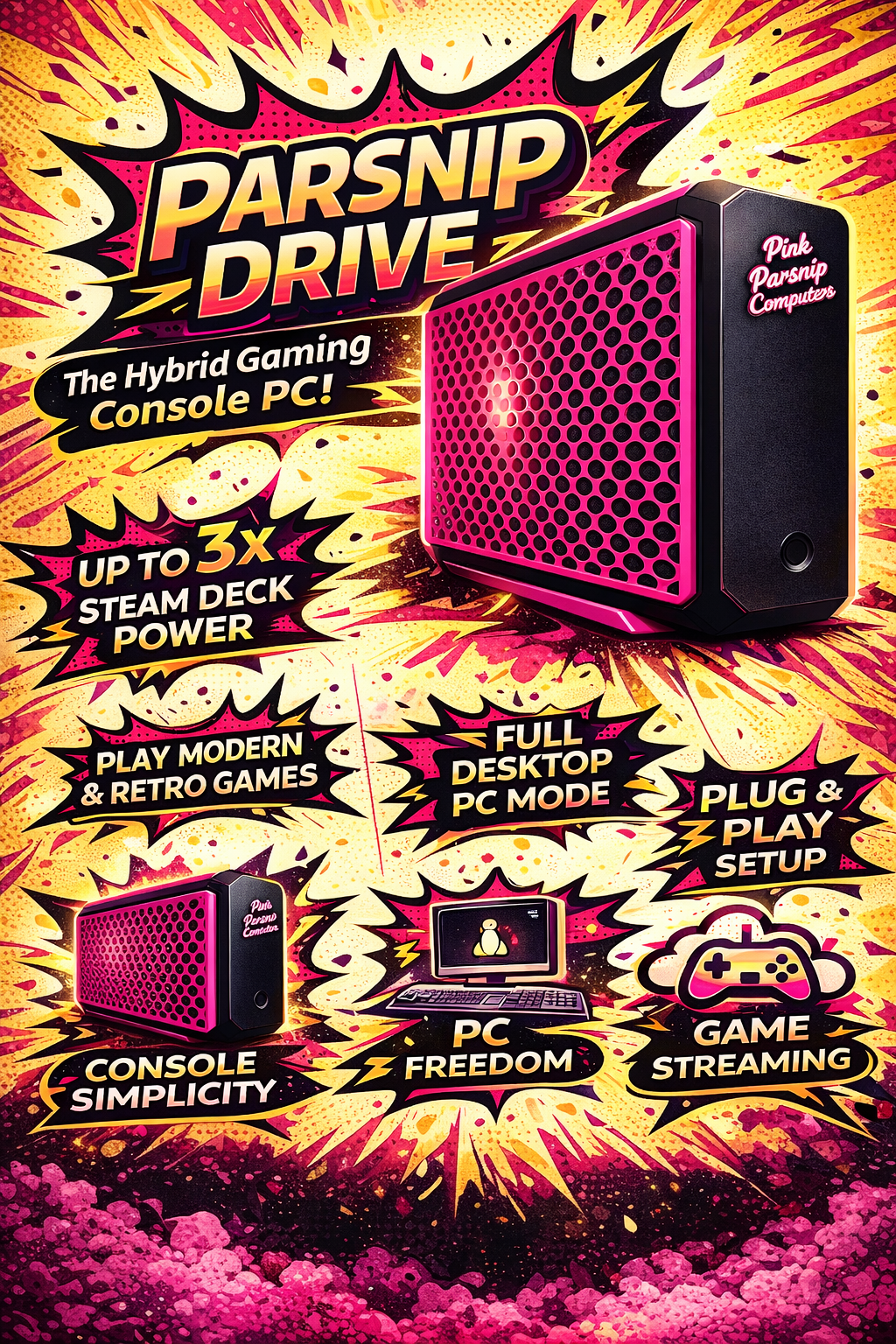 Promotional graphic for Parsnip Drive gaming console PC with colorful design and text.