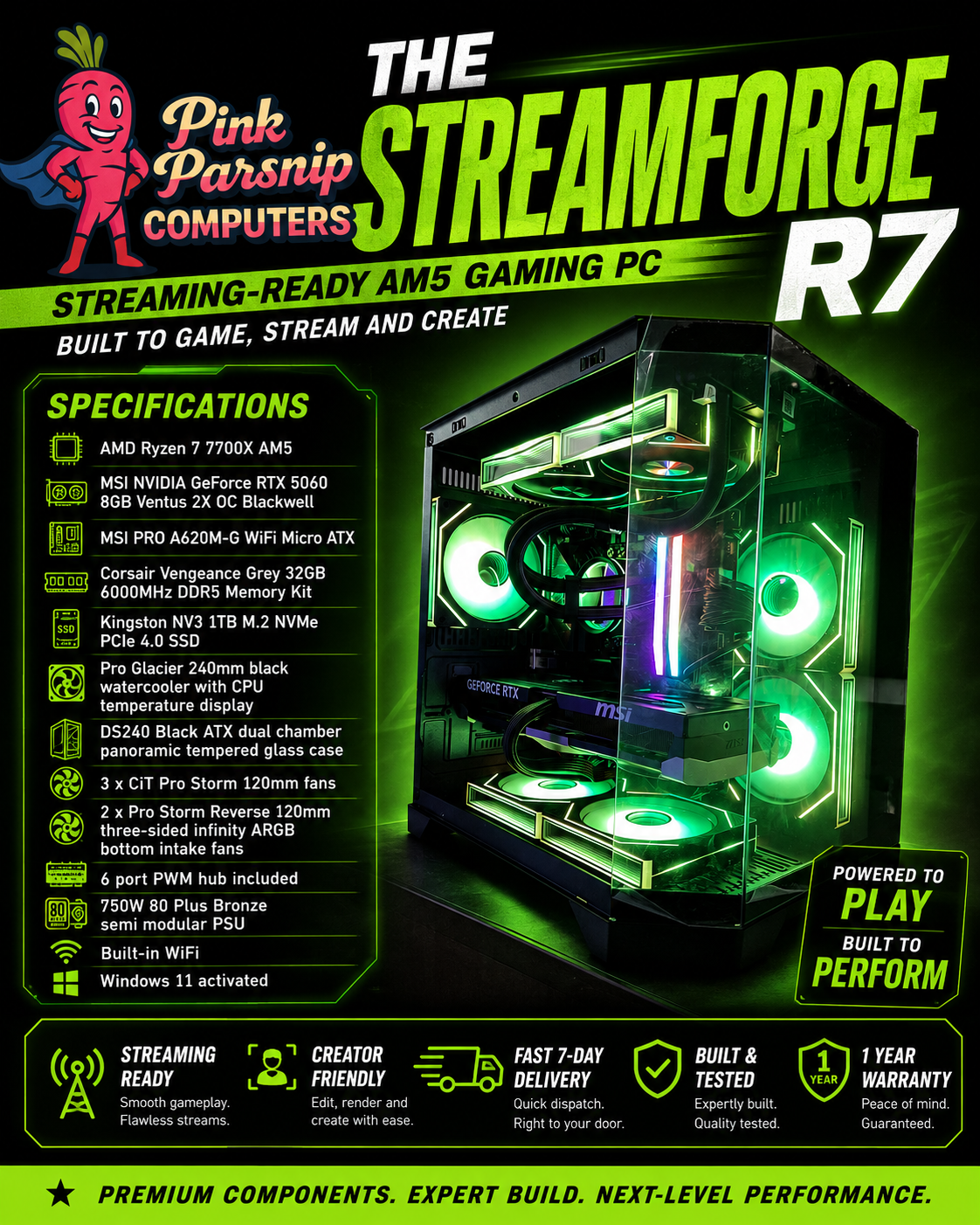 The StreamForge R7 | Ryzen 7 7700X | RTX 5060 8GB | 32GB DDR5 | 1TB NVMe | Streaming & Editing PC