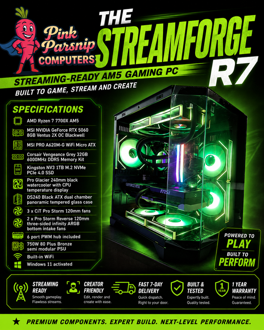 The StreamForge R7 | Ryzen 7 7700X | RTX 5060 8GB | 32GB DDR5 | 1TB NVMe | Streaming & Editing PC