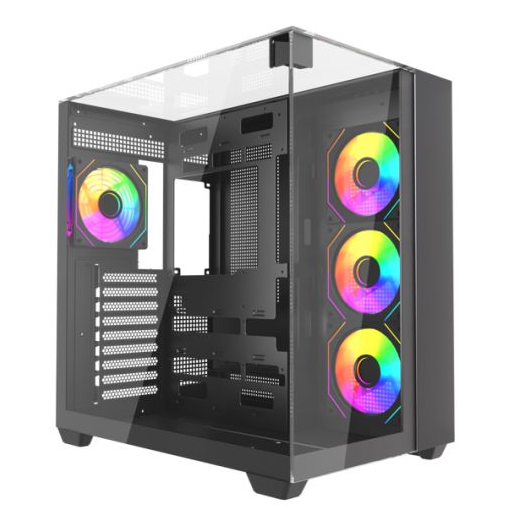 Vida Visio Black ARGB Gaming Cube Case w/ Glass Side, Front & Top, ATX, 4x ARGB PWM Fans, 6-Port Fan Hub & Remote Control, USB-C, Asus BTF Compatible