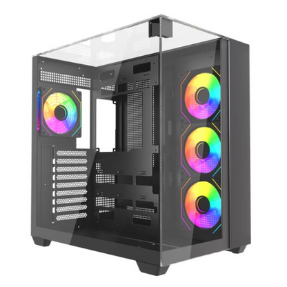 Vida Visio Black ARGB Gaming Cube Case w/ Glass Side, Front & Top, ATX, 4x ARGB PWM Fans, 6-Port Fan Hub & Remote Control, USB-C, Asus BTF Compatible