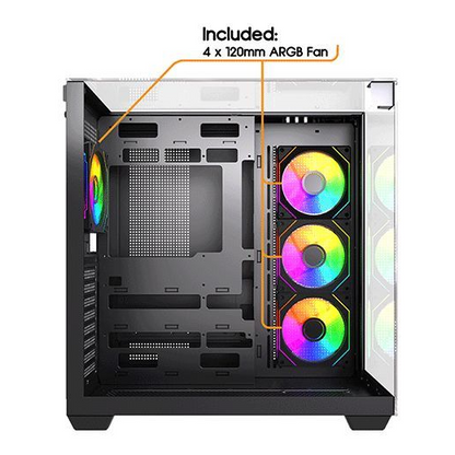 Vida Visio Black ARGB Gaming Cube Case w/ Glass Side, Front & Top, ATX, 4x ARGB PWM Fans, 6-Port Fan Hub & Remote Control, USB-C, Asus BTF Compatible