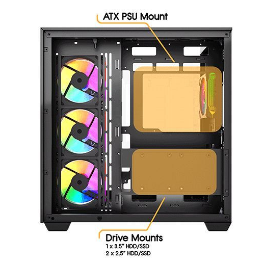 Vida Visio Black ARGB Gaming Cube Case w/ Glass Side, Front & Top, ATX, 4x ARGB PWM Fans, 6-Port Fan Hub & Remote Control, USB-C, Asus BTF Compatible