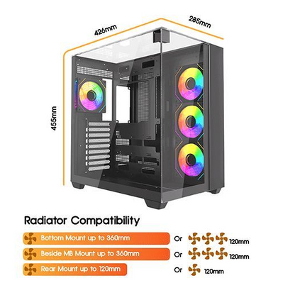 Vida Visio Black ARGB Gaming Cube Case w/ Glass Side, Front & Top, ATX, 4x ARGB PWM Fans, 6-Port Fan Hub & Remote Control, USB-C, Asus BTF Compatible