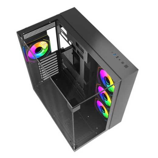 Vida Visio Black ARGB Gaming Cube Case w/ Glass Side, Front & Top, ATX, 4x ARGB PWM Fans, 6-Port Fan Hub & Remote Control, USB-C, Asus BTF Compatible