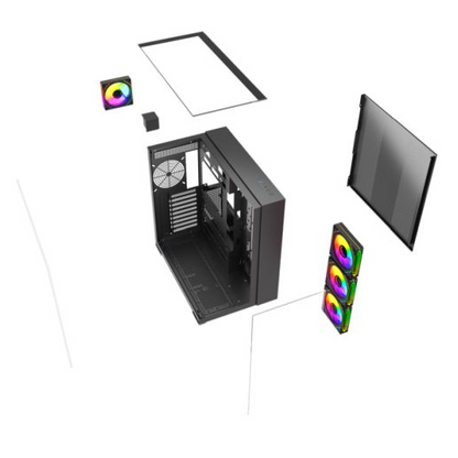 Vida Visio Black ARGB Gaming Cube Case w/ Glass Side, Front & Top, ATX, 4x ARGB PWM Fans, 6-Port Fan Hub & Remote Control, USB-C, Asus BTF Compatible