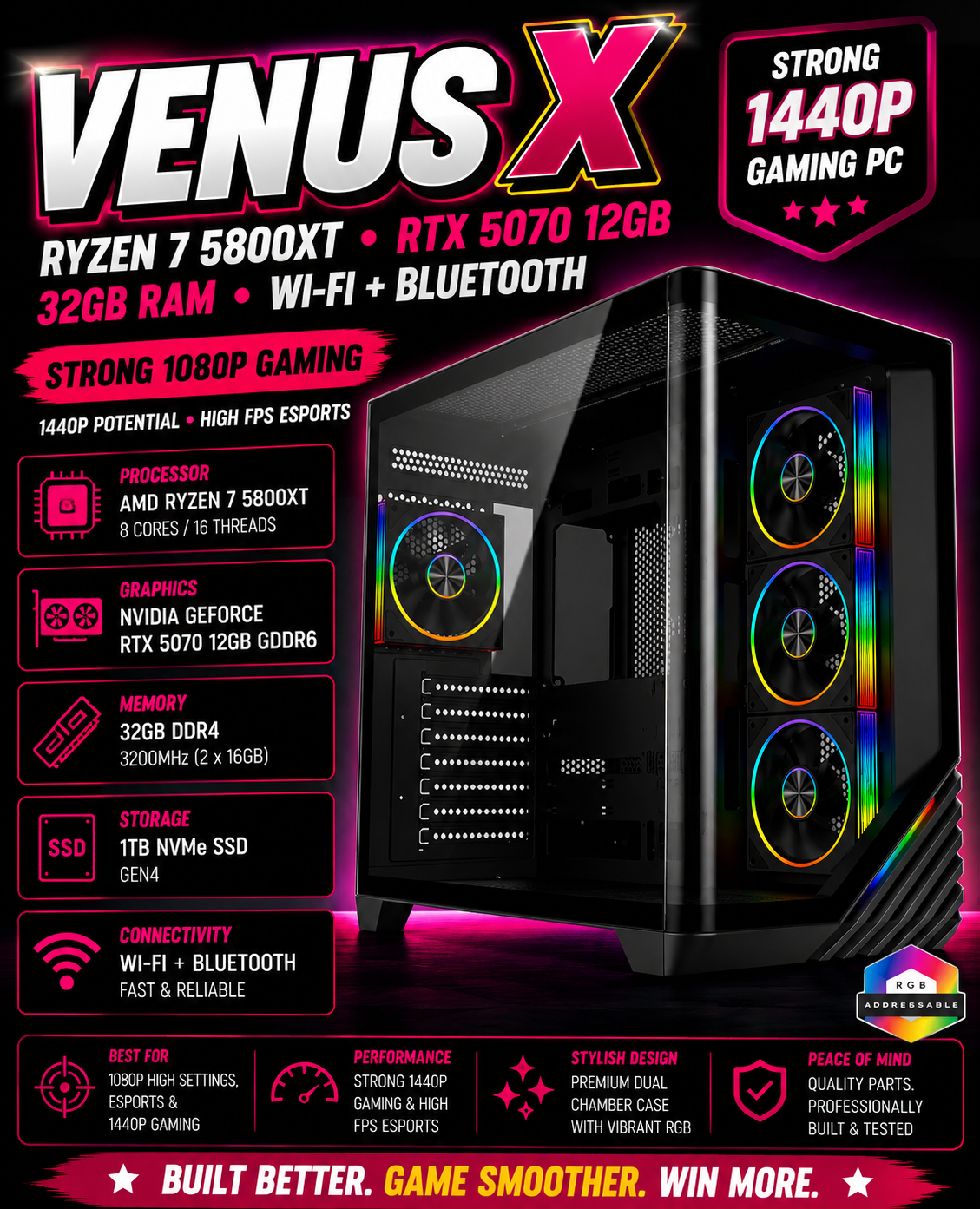 VENUS X – Ryzen 7 5800XT • RTX 5070 12GB • 32GB RAM • Wi-Fi + Bluetooth | 1440p Gaming | DDR4 | Streaming Ready