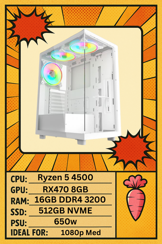 Vetro – RX 470, Ryzen 5 4500, 16GB DDR4, 500GB NVMe, White Micro-ATX Edition