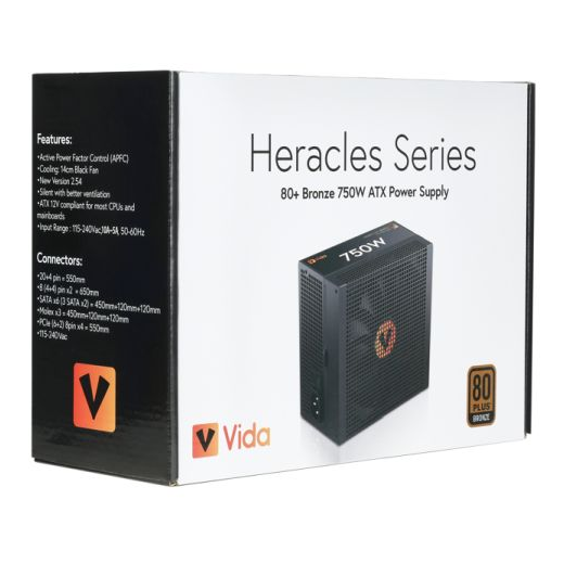 Vida 750W Heracles Black ATX Gaming PSU, 80+ Bronze, 14cm Ultra-Quiet FDM Fan, Flat Black Cables, Power Lead Not Included