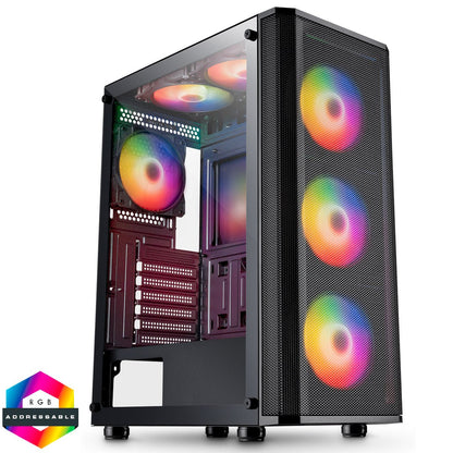 Air Max Airflow Black ATX Gaming Case with Mesh Front and Tempered Glass Side Panel with 6 x ARGB Fans and 6-Port Hub