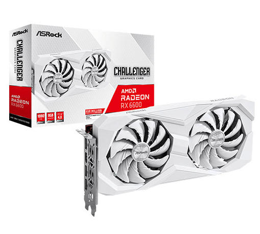 Asrock RX6600 Challenger White 8GB, 8GB GDDR6, HDMI, 3 DP, 2491MHz Clock, 0dB Cooling - Pink Parsnip Computers