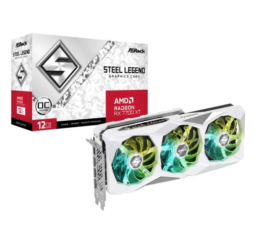 Asrock RX7700 XT Steel Legend 12GB OC, PCIe4, 12GB DDR6, HDMI, 3 DP, 2599MHz Clock, RGB, White, Overclocked - Pink Parsnip Computers