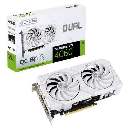 Asus DUAL RTX4060 EVO White OC, 8GB DDR6, HDMI, 3 DP, 2535MHz Clock, Overclocked - Pink Parsnip Computers
