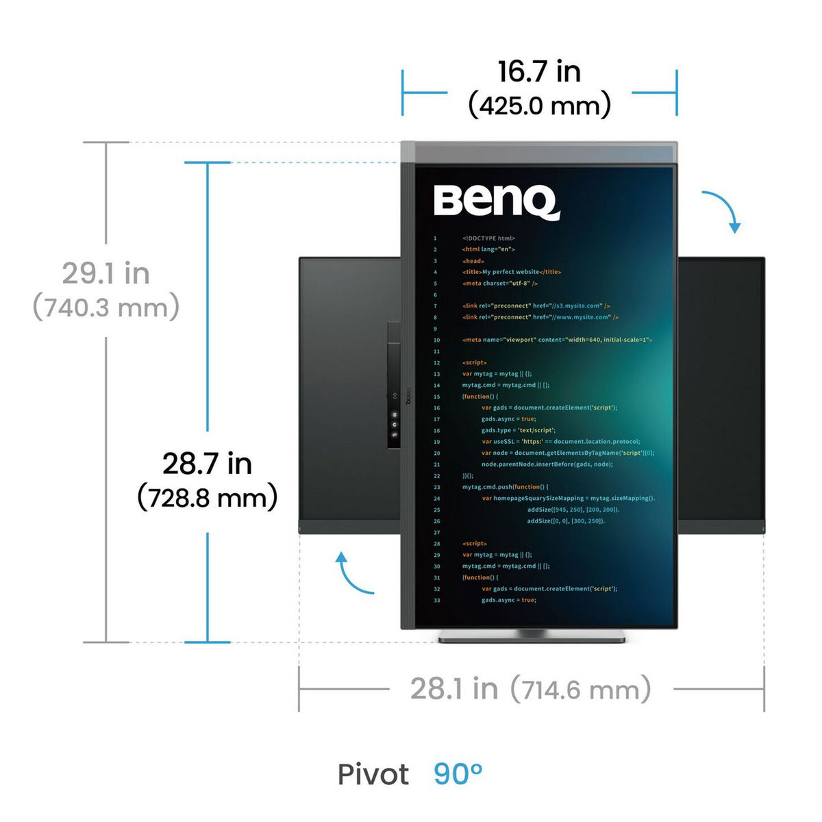 BenQ RD320U 32 inch 4K UHD Programming Monitor 90 degree pivot and dimensions