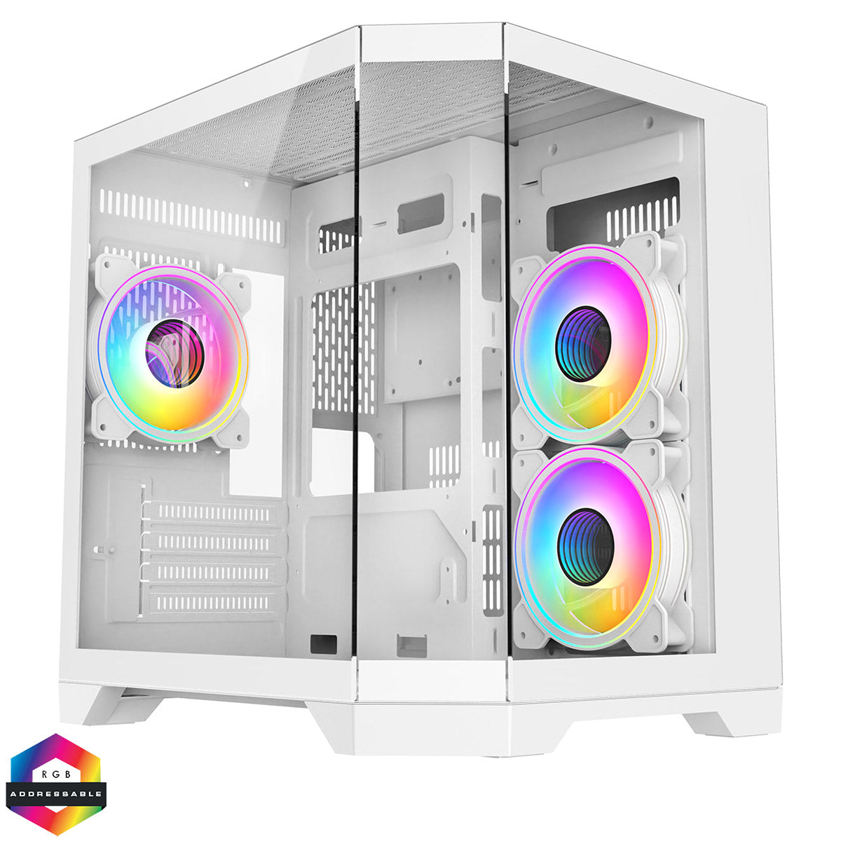 CiT DS240 White Micro-ATX Gaming Case With Dual Chamber Panoramic Tempered Glass With 3 x CiT Celsius 120mm Fans and 6 Port PWM Hub