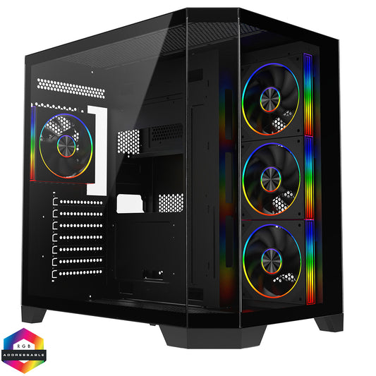 CiT DS360 Black ATX Gaming Case With Dual Chamber Panoramic Tempered Glass With 4 x CiT Saturn PWM ARGB Fans and 6 Port PWM