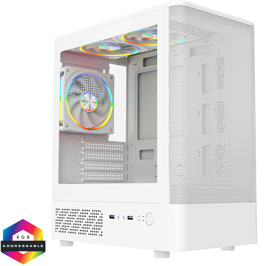 CiT F3 White Micro-ATX Mesh PC Gaming Case with 3 x 120mm ARGB Fans Included With Tempered Glass Side Panel