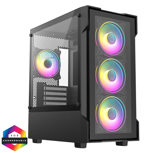 CiT Tornado Black Micro-ATX Gaming Case With 4 x 120mm Dual-Ring ARGB Infinity Fans and Tempered Glass Panels With 30 Percent Tint