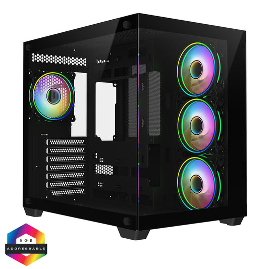 CiT Vision Black ATX Gaming Cube with Tempered Glass Front and Side Panels with 4 x CiT Tornado Dual-Ring Infinity Fans