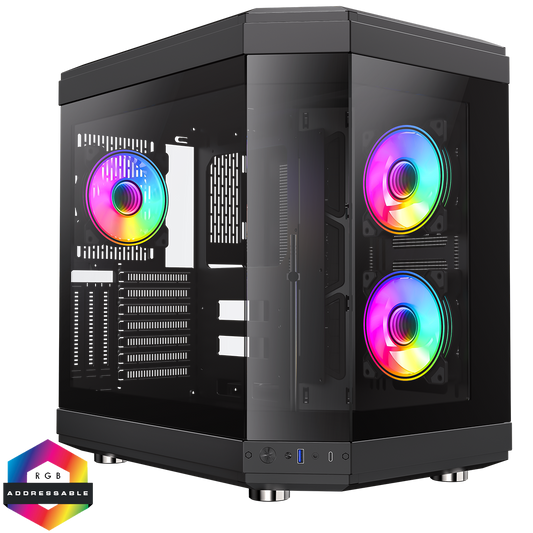 GameMax Hype Black Mid-Tower ATX Gaming Case With Dual Chamber Panoramic Tempered Glass With 3 x 120mm GameMax Infinity ARGB Fans Inc.