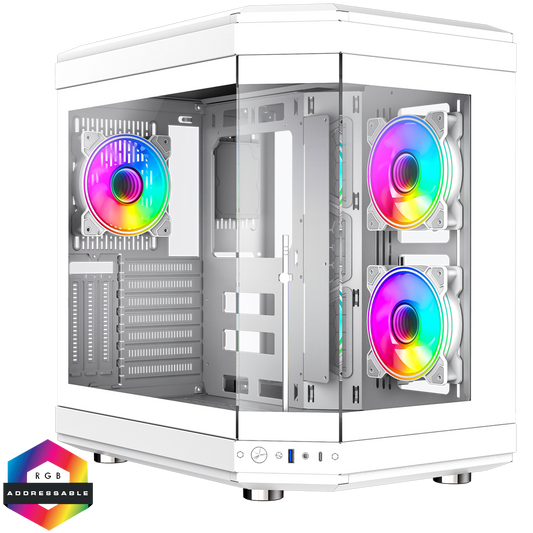 GameMax Hype White Mid-Tower ATX Gaming Case With Dual Chamber Panoramic Tempered Glass With 3 x 120mm GameMax Infinity ARGB Fans Inc.