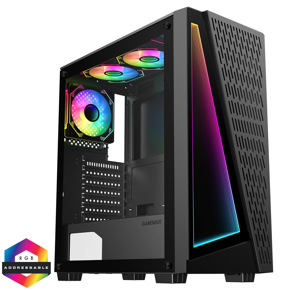 GameMax Prism Black ATX PC Gaming Case with Infinity Front and 3 x 120mm Three-Sided Infinity ARGB 4pin PWM Fans