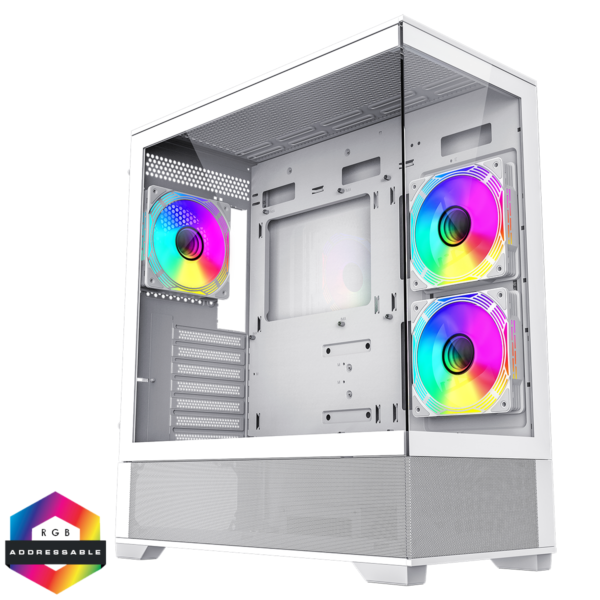 GameMax Vista White ATX Gaming Case with Tempered Glass Front and Side Panels with 3 x FN12A-C8I 120mm Infinity Fans Installed