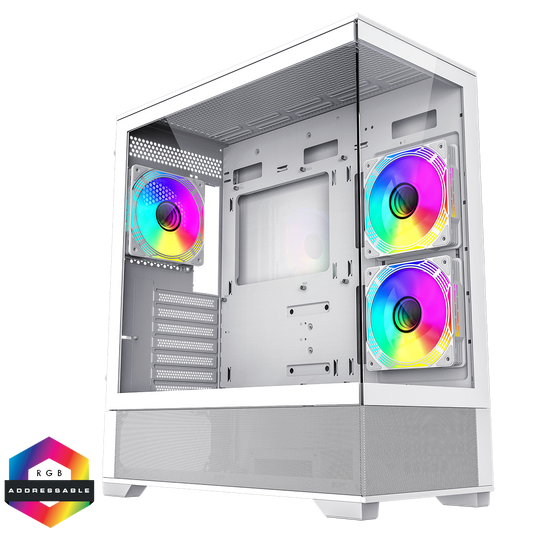 GameMax Vista White ATX Gaming Case with Tempered Glass Front and Side Panels with 3 x FN12A-C8I 120mm Infinity Fans Installed