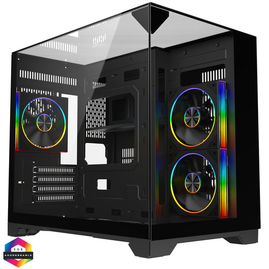 Powercool Atom Black mATX Gaming Case Dual Chamber With 3 x Tempered Glass Panels With 3 x CiT Saturn PWM ARGB Fans and 6 Port PWM Hub