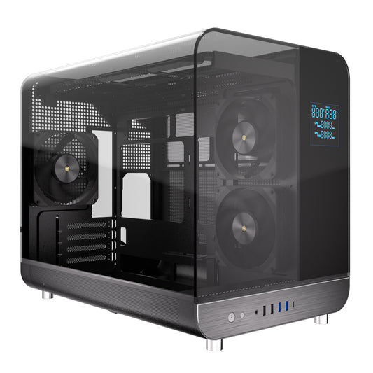 Powercool Aviator Black mATX Gaming Case Dual Chamber With 2 x Tempered Glass Panels With 3 x PWM FDB Black Fans Included