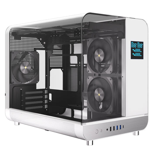 Powercool Aviator White mATX Gaming Case With Black Interior Dual Chamber With 2 x Tempered Glass Panels and 3 x PWM FDB BLK Fans Included