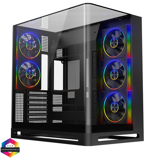 Powercool Navigator Black ATX Gaming Case Dual Chamber With Curved Tempered Glass With 5 x Saturn Fans and 9-Port Hub With Remote Included
