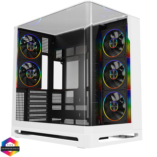 Powercool Navigator White ATX Gaming Case Dual Chamber With Curved Tempered Glass With 5 x Saturn Fans and 9-Port Hub With Remote Included
