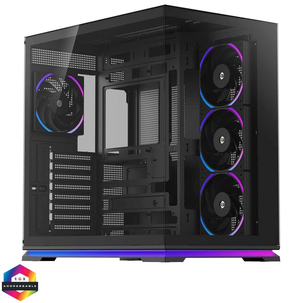 Powercool Plasma Black ATX Dual Chamber Gaming Case With LED Strip 2 x Tempered Glass Panels and 4 x PWM ARGB FDB Fans Included