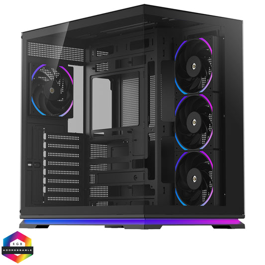 Powercool Plasma Black ATX Dual Chamber Gaming Case With LED Strip 2 x Tempered Glass Panels and 4 x PWM ARGB FDB Fans Included