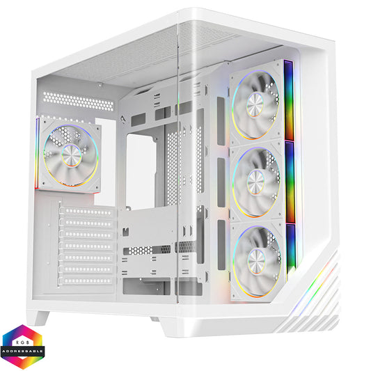 Powercool Venus White ATX Gaming Case Dual Chamber Layout With Curved Tempered Glass With 4 x CiT Saturn PWM ARGB Fans and 6 Port PWM Hub