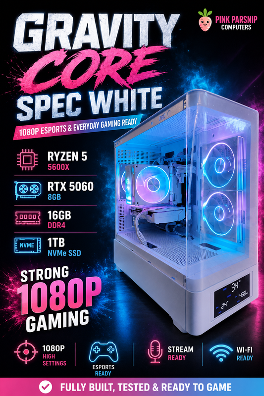 GRAVITY CORE SPEC WHITE – Ryzen 5 5600X • RTX 5060 8GB • 16GB RAM • Wi-Fi | Fortnite & GTA | White Build | DDR4