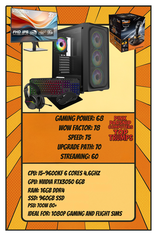 Pink Parsnip Flight Simulator Essentials Bundle i5-9600KF • RTX 3050 6GB • 16GB 3600MHz • 960GB SSD • 27” IPS • Thrustmaster T.16000M FCS