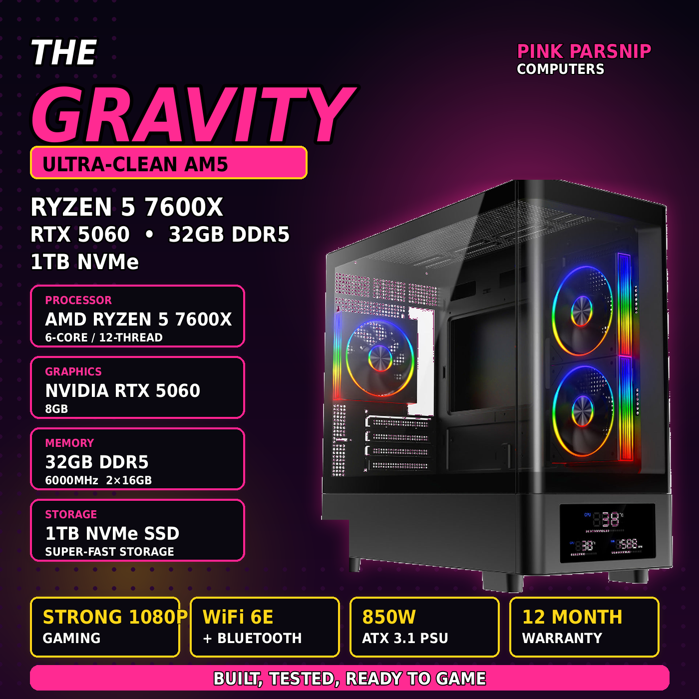 THE GRAVITY — Ultra-Clean AM5 Gaming PC (Ryzen 5 7600X • RTX 5060 • 32GB DDR5 • 1TB NVMe) | Fortnite & GTA | Streaming Ready