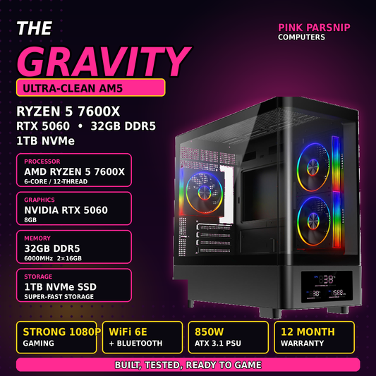 THE GRAVITY — Ultra-Clean AM5 Gaming PC (Ryzen 5 7600X • RTX 5060 • 32GB DDR5 • 1TB NVMe) | Fortnite & GTA | Streaming Ready