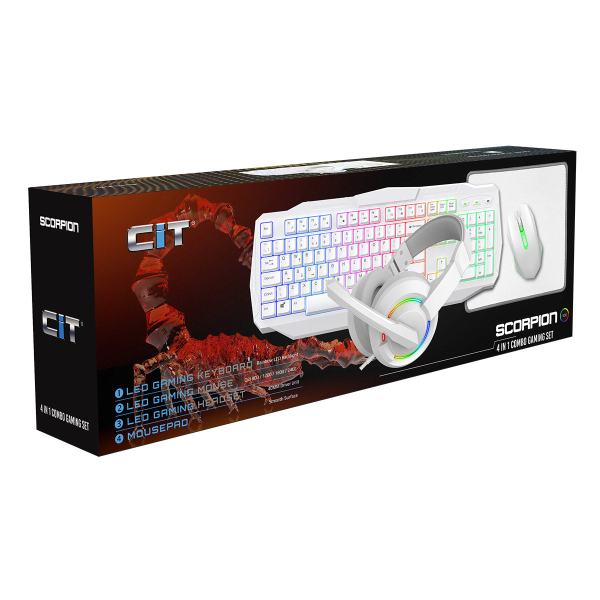 CiT Scorpion 4-in-1 White Keyboard Mouse Headset Mouse Pad Combo Kit