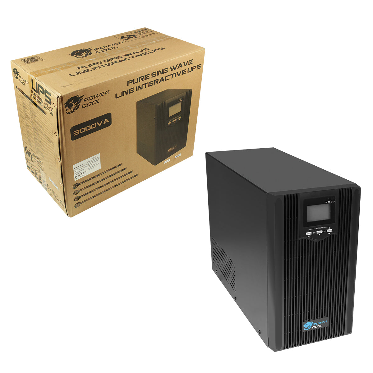 Powercool Smart UPS 3000VA 2 x UK Plug 3 x IEC RJ45 x 2 USB LCD Display