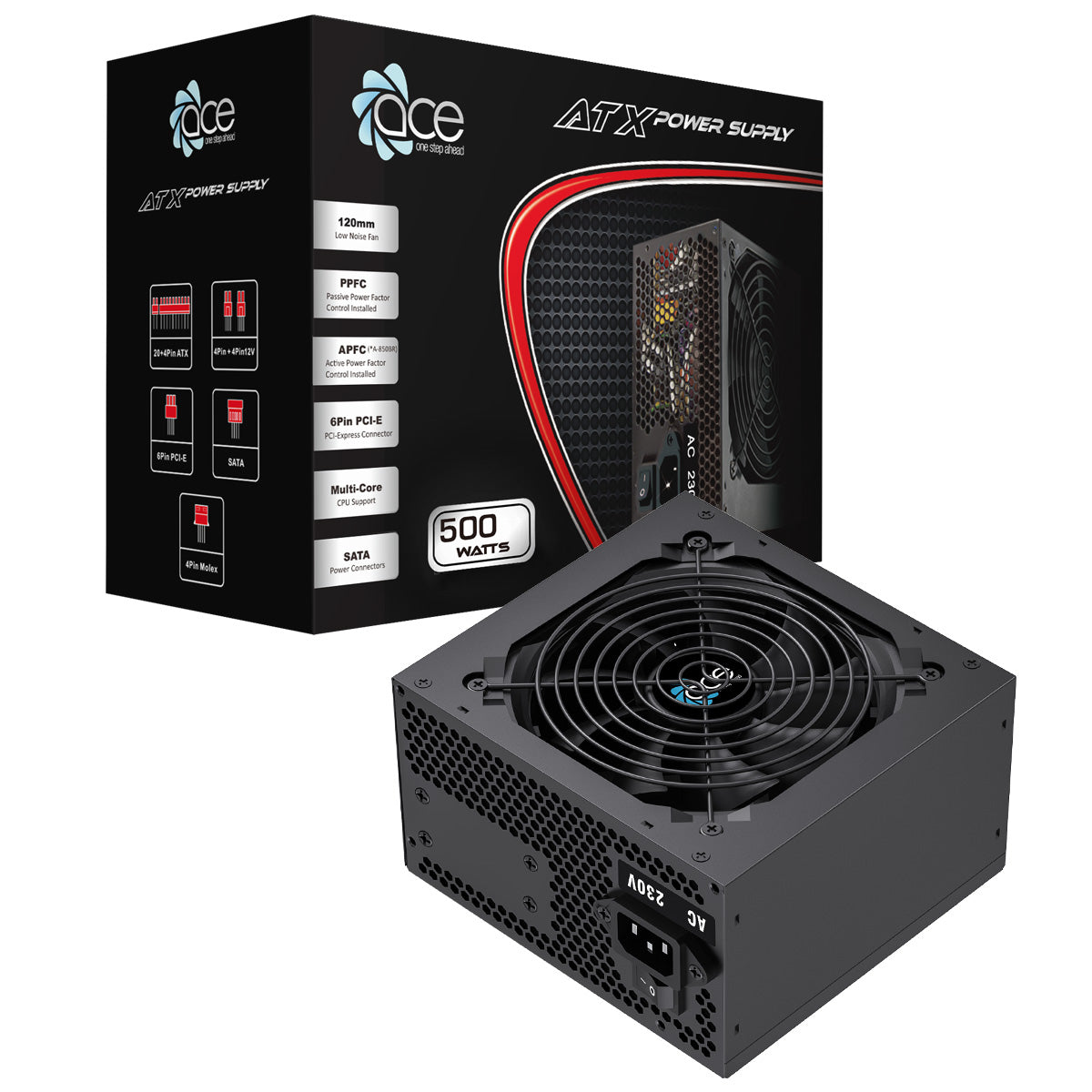 ACE 500w ATX PSU With 120mm Fan and Flat Black Cables